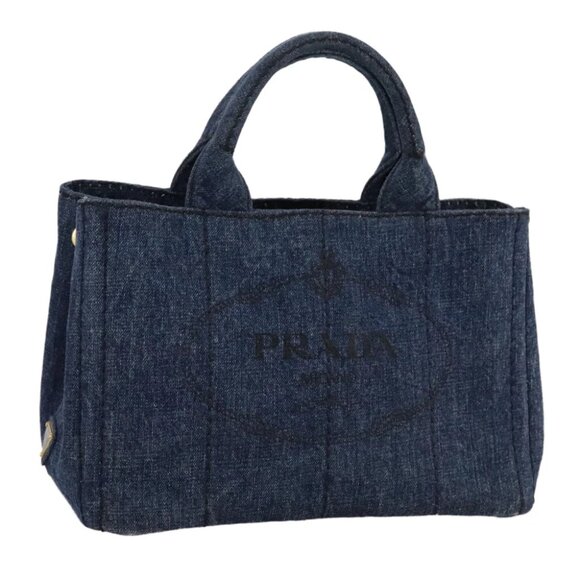 PRADA Canapa PM Hand Bag Denim Blue Gold Auth am7316V - Picture 1 of 15